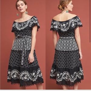 Anthropologie Marisol Off-The-Shoulder Embroidered Midi Dress Sz 10 Black NWT